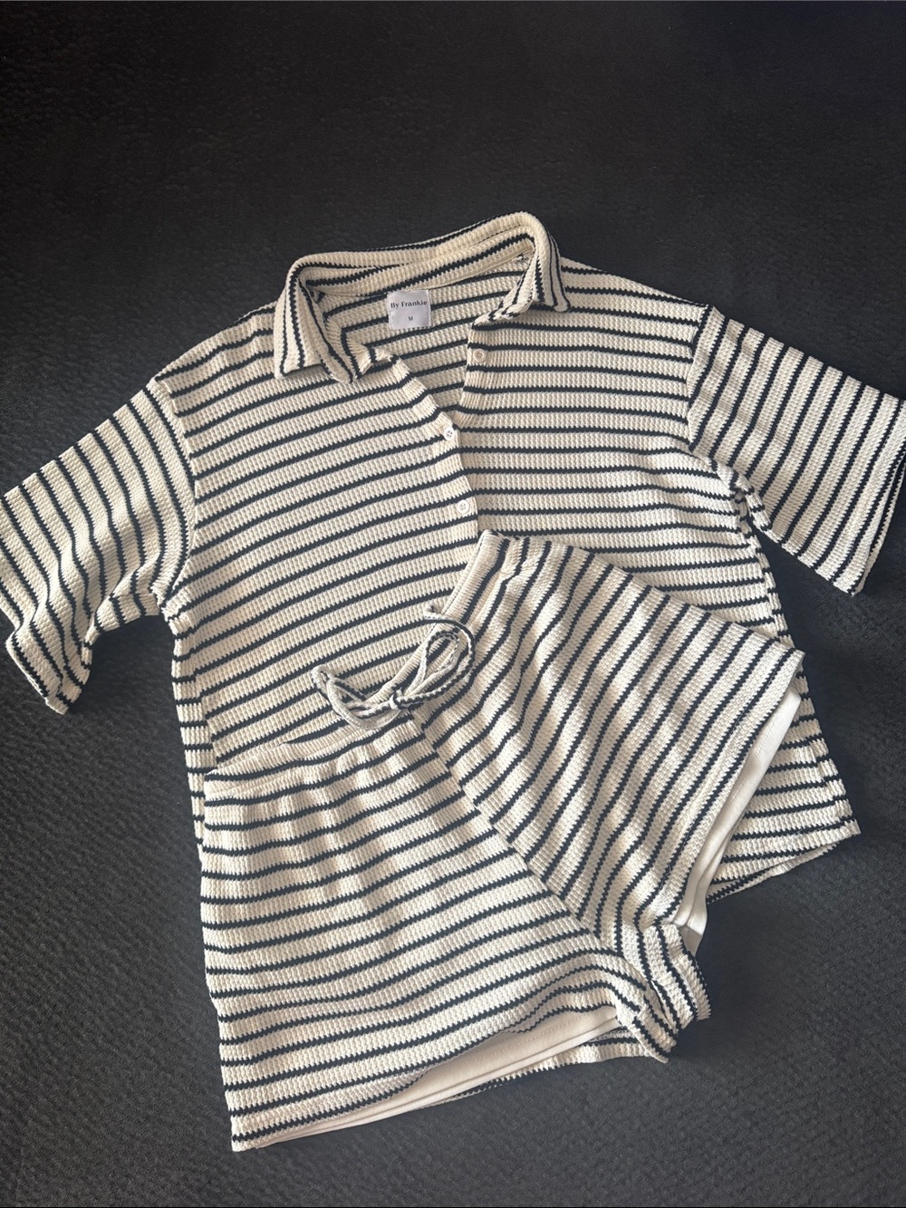 Womens Striped Knit Polo button down  Top & Shorts Set - Cream & Black